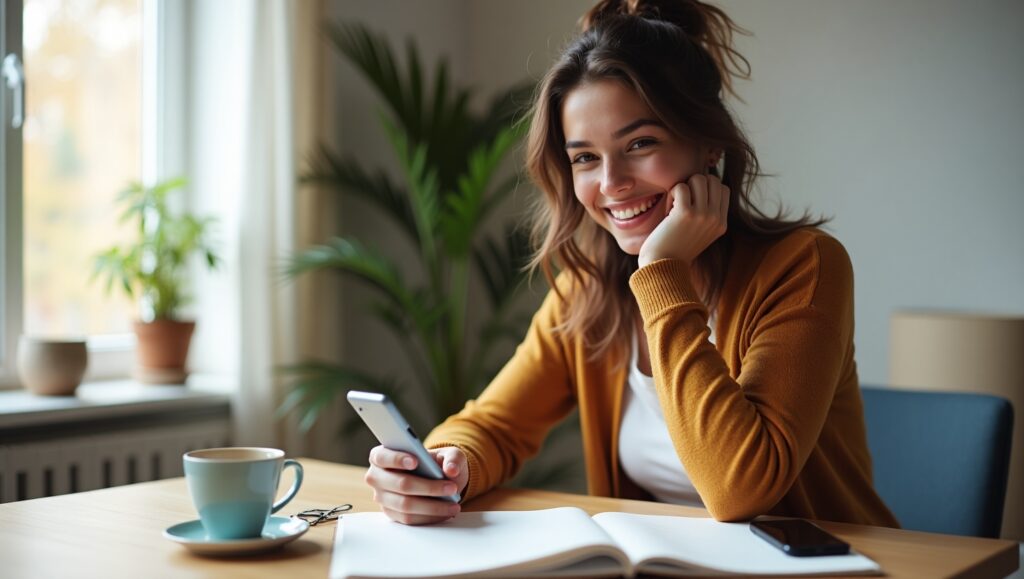 A young adult sitting at a cozy desk with a notebook and smartphone, smiling confidently while planning a budget. No calculator or spreadsheets in sight. Soft natural lighting, minimalist background, a cup of coffee nearby, and a calm, stress-free vibe. The scene should feel warm, relatable, and simple, symbolizing easy money management without math anxiety.